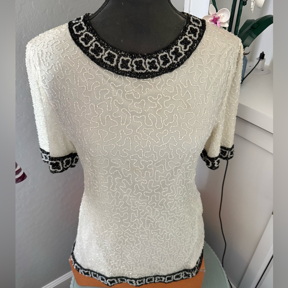 Vintage Lawrence Kazar Silk Beaded Top S Black Ivory Art Deco 90s Evening